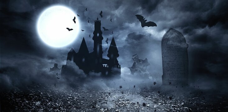 Fototapeta Digital composite image of bats flying over cemetery