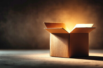 Mysterious illuminated box, open cardboard box casting warm light in a dim setting, symbolizing discovery and potential.
