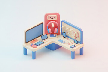 3D rendering of a modern tech retail display corner, featuring monitors, headphones, smartphones, and various other electronic devices neatly arranged on a stylized desk.