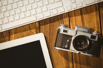 Keyboard camera and tablet on desk