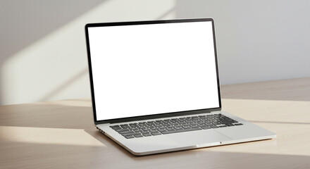 Fototapeta premium A silver laptop rests on a light wood desk, bathed in sunlight streaming through a window. The screen displays a blank white space.