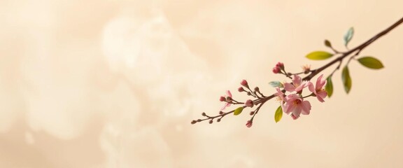 Soft focus floral twig veiled in ethereal fog and smoke, beige background, copy space, stem