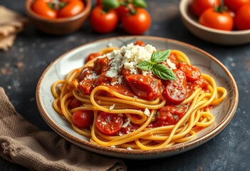 Al dente spaghetti, rich tomato sauce, generous parmesan, food photography, food