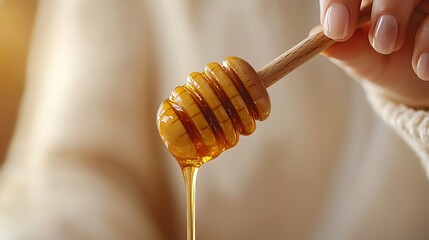 Golden Honey Drizzling from Wooden Dipper Held by Woman in Cream Sweater, Close Up.
