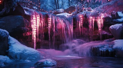 Icy waterfall with pink lights in snowy winter landscape