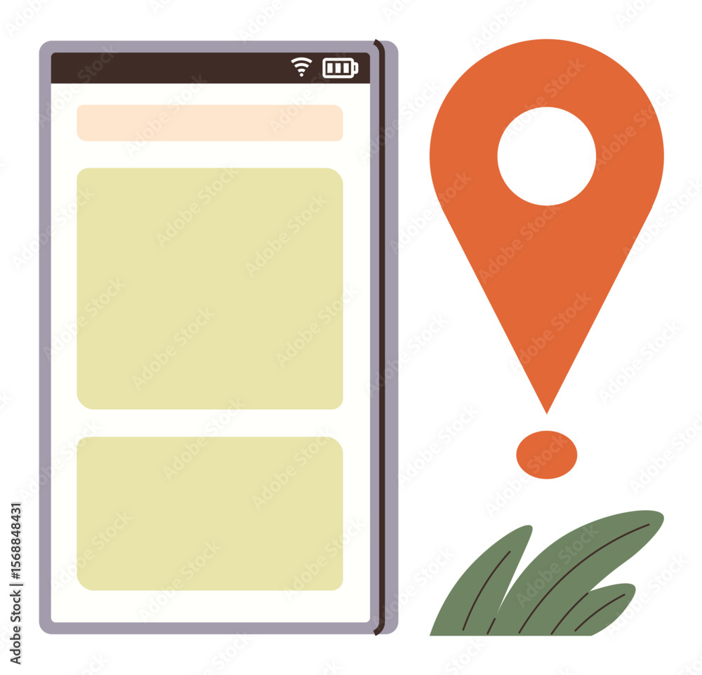 Poster smartphone screen showing navigation layout paired with an oversized orange map pin and abstract pla