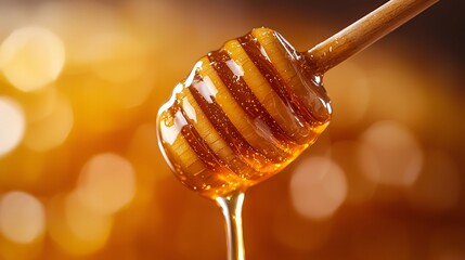 Golden honey dripping from a wooden dipper, blurred background, warm light.