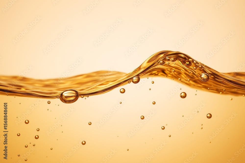 Aufkleber Abstract golden liquid wave with rising bubbles on a smooth gradient background in a minimalist light graphic style. Ai generative.