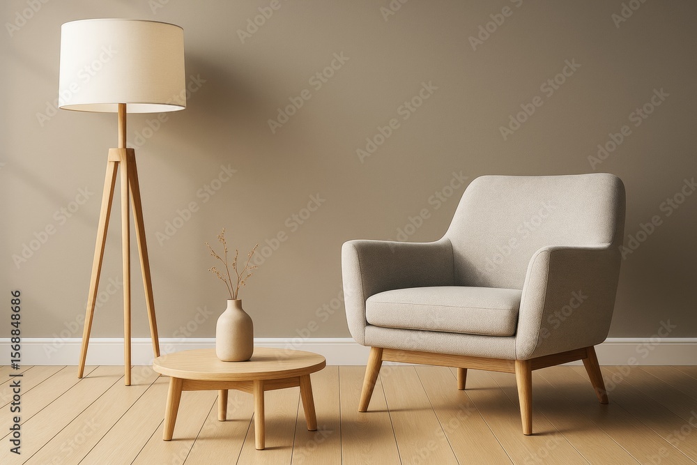 Poster Minimalist beige armchair with wooden elements and a floor lamp on a neutral interior background in soft light concept style.
