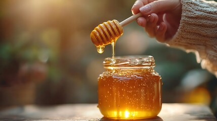 Golden Honey Drip: Autumnal Light on Glass Jar with Wooden Dipper and Knitted Sleeve
