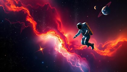 Astronaut floating amidst vibrant nebula, stars, and distant planets,  cosmos,  adventure