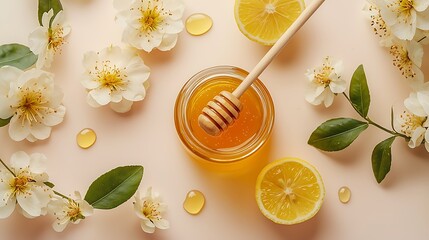 Honey jar, wooden dipper, lemon slices, and white blossoms on a soft peach background.