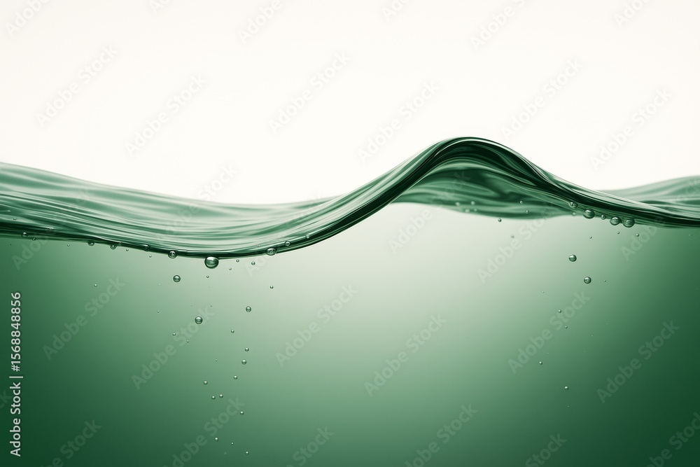 Poster Close-up of smooth green water wave with bubbles on light background illustrating purity and fluid motion concept, clean and minimal style.