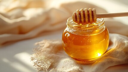 Golden honey in glass jar with dipper, soft light on linen cloth.