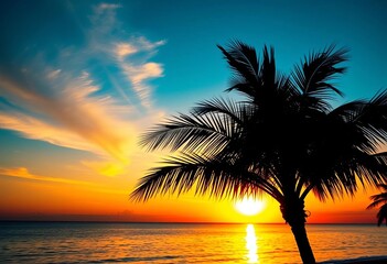 Silhouette of palm tree against vibrant Zanzibar sunset,  trees,  tropical