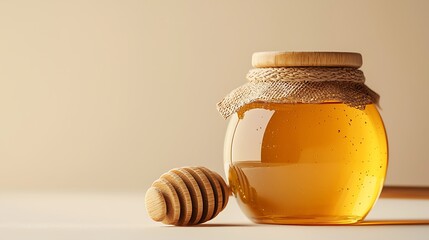 Golden Honey Jar: Rustic Lid, Wooden Dipper, Warm Light.