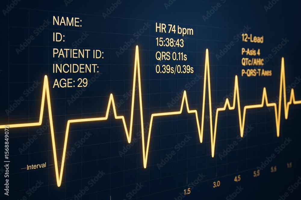 Aufkleber Digital electrocardiogram with patient data and glowing heartbeat line on dark grid background in a futuristic medical interface concept.