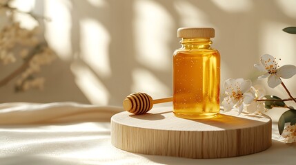 Golden Honey Jar, Wooden Stand, Blossom Branch, Natural Light, Minimalist Still Life.