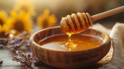 Golden honey dripping into wooden bowl, rustic setting with lavender and sunflowers.