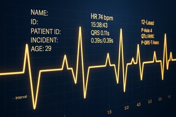 Obraz premium Digital electrocardiogram with patient data and glowing heartbeat line on dark grid background in a futuristic medical interface concept.