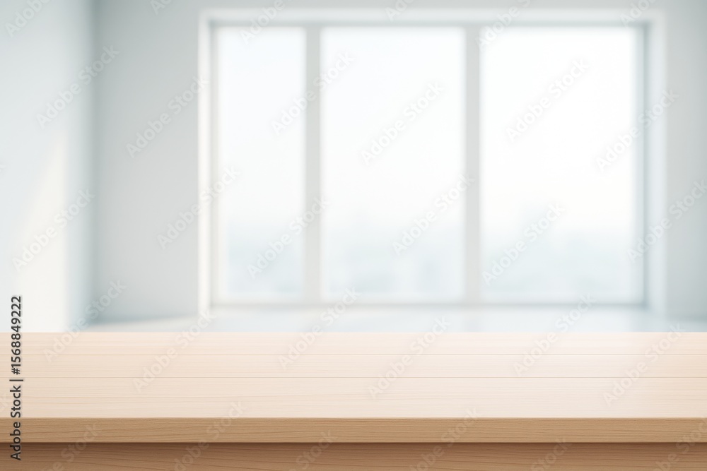 Aufkleber Light wooden table in front of large blurred window inside bright modern room with soft natural lighting and clean background for design mockup.