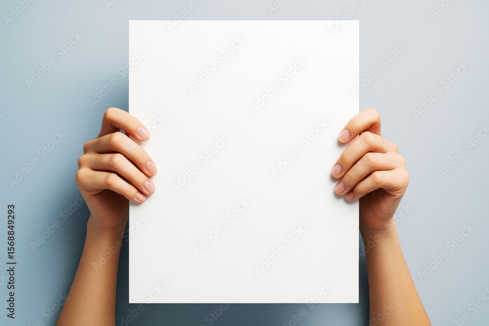 Poster Hands holding a blank white sheet of paper on soft blue background for design or branding mockup concept in clean minimal graphic style.