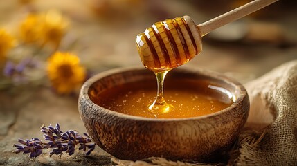 Golden Honey Drizzle: Wooden Bowl, Dipper, Rustic Setting, Lavender & Yellow Blooms.