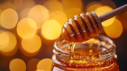 Golden Honey Drizzling from Wooden Dipper over Glass Jar, Warm Bokeh Background.