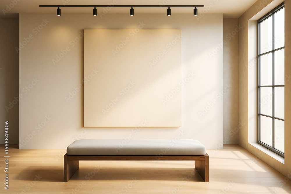 Poster Minimalist interior with blank canvas on wall and bench in front, under track lighting in modern room with large window and natural light atmosphere.