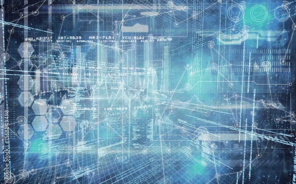 Poster showing hex icons, line graphs, numeric code and network nodes in 3d grid on transparent background
