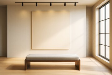 Minimalist interior with blank canvas on wall and bench in front, under track lighting in modern room with large window and natural light atmosphere.
