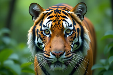 Fototapeta premium Tiger Face Close-Up with Intense Gaze Amidst Green Foliage
