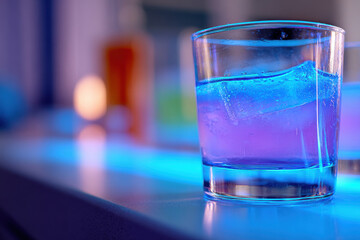 Ultraviolet blue light on drink in glass