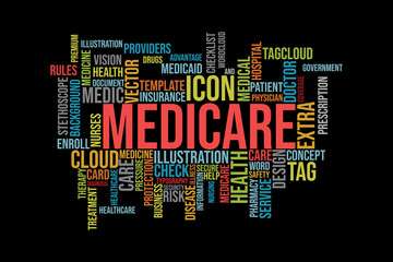 word cloud template Design on black background .Concept of Medicare.