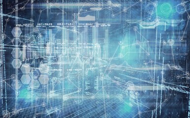 Showing hex icons, line graphs, numeric code and network nodes in 3D grid on transparent background