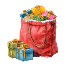 Watercolor Gift Bag with Presents isolated on transparent white background, clipping path