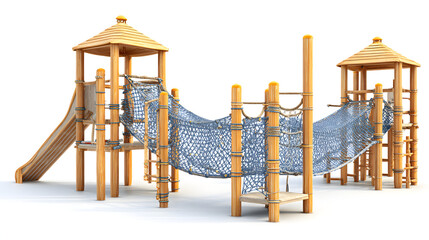 Jungle gym featuring climbing net designed for active play and physical development isolated on white background.