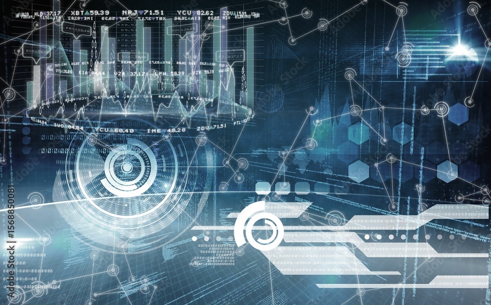 Poster futuristic virtual interface is displaying 3d bar charts and circular hud targets in flat design