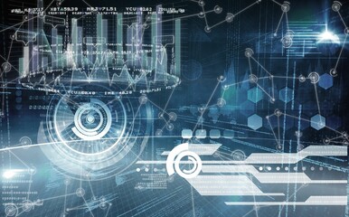 Futuristic virtual interface is displaying 3D bar charts and circular HUD targets in flat design