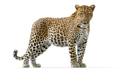 Leopard standing alert, full body view isolated on white background.