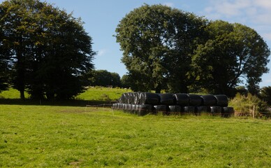 Stacked black plastic-wrapped hay bales are standing in flat design rural pasture, with wire fence © vectorfusionart