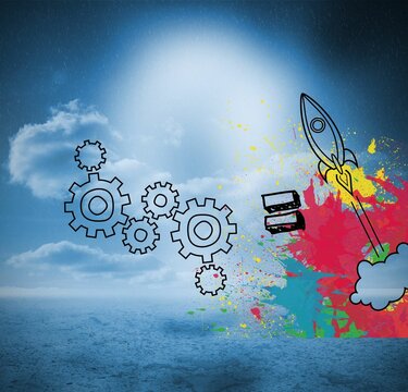 Fototapeta Cogs and rocket over blue countryside