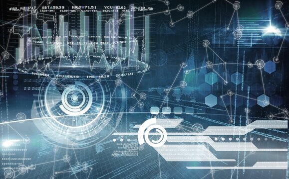 Futuristic virtual interface is displaying 3D bar charts and circular HUD targets in flat design