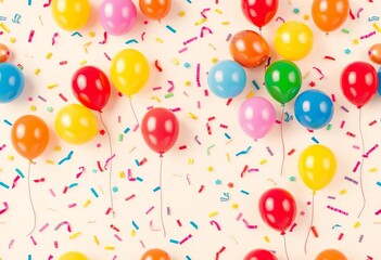 Seamless pattern of colorful balloons and confetti on a pastel background, ideal for birthday celebrations, pattern, happy