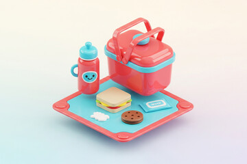 3D rendering of picnic items on a blue mat, including a red picnic basket, a red water bottle with a smiling face, a sandwich, a cookie, and a small packet.