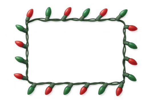 Red and green christmas lights creating a vibrant rectangular frame border on a transparent background, perfect for festive designs