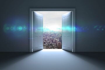 Obraz premium Digital composite of city seen from open door