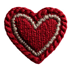 Stylized red crochet heart applique, tight uniform stitching, handmade love symbol with subtle shadow, isolated transparent background with minimal design