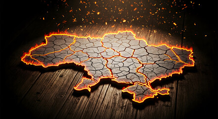 Cracked stone Ukraine map lying flat with burning borders and glowing particles rising into the air, representing conflict, resilience, and pressure