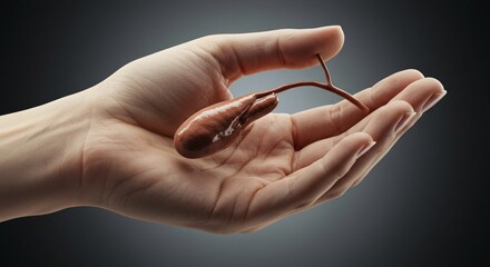 Hand shows and holds human Gallbladder.